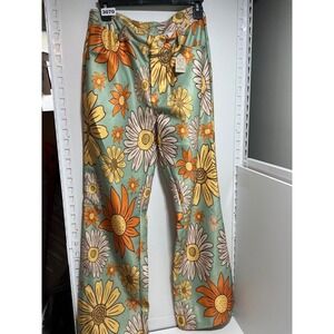 Floral Print High‎ Waisted Straight Leg Pants Green Orange Yellow Daisy Small